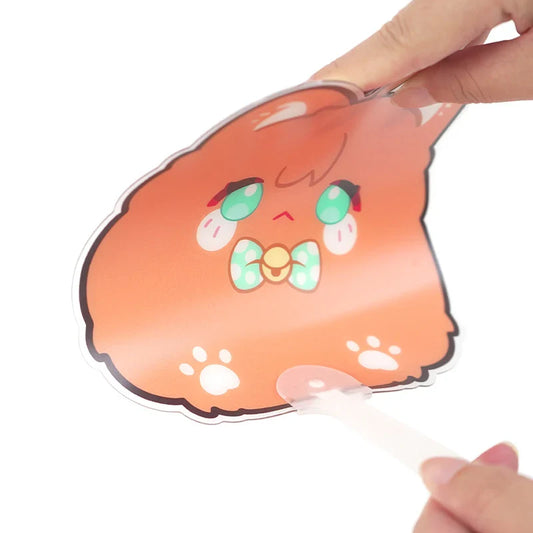Custom frosted translucent PVC hand fan with cute cat cartoon design and white paw prints