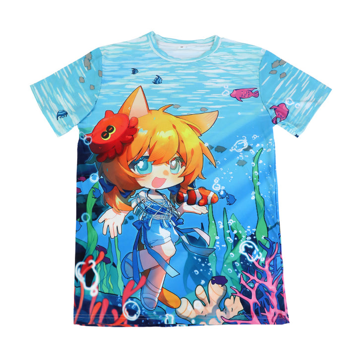 Custom quick dry T-shirt with colorful anime cat girl and underwater cartoon design