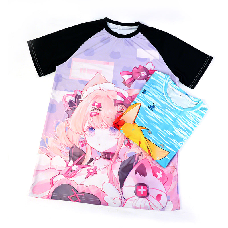 Custom print anime graphic T-shirt with colorful character design, quick dry fabric