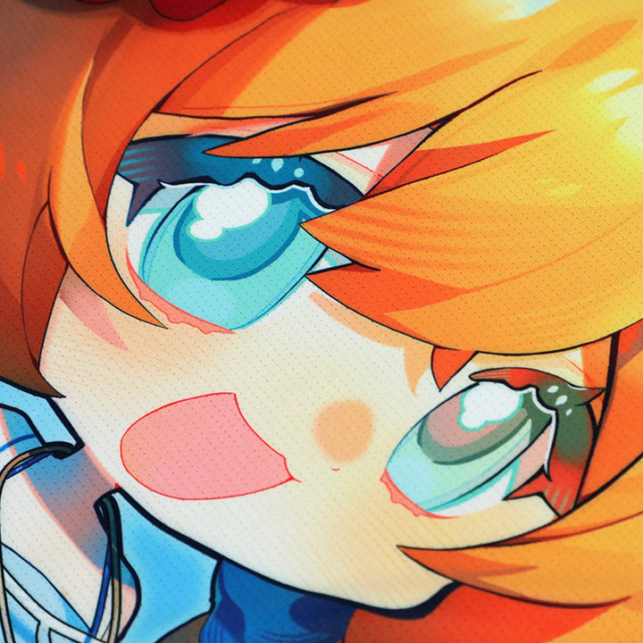 Close-up of vibrant anime character face printed on quick-dry custom t-shirt fabric