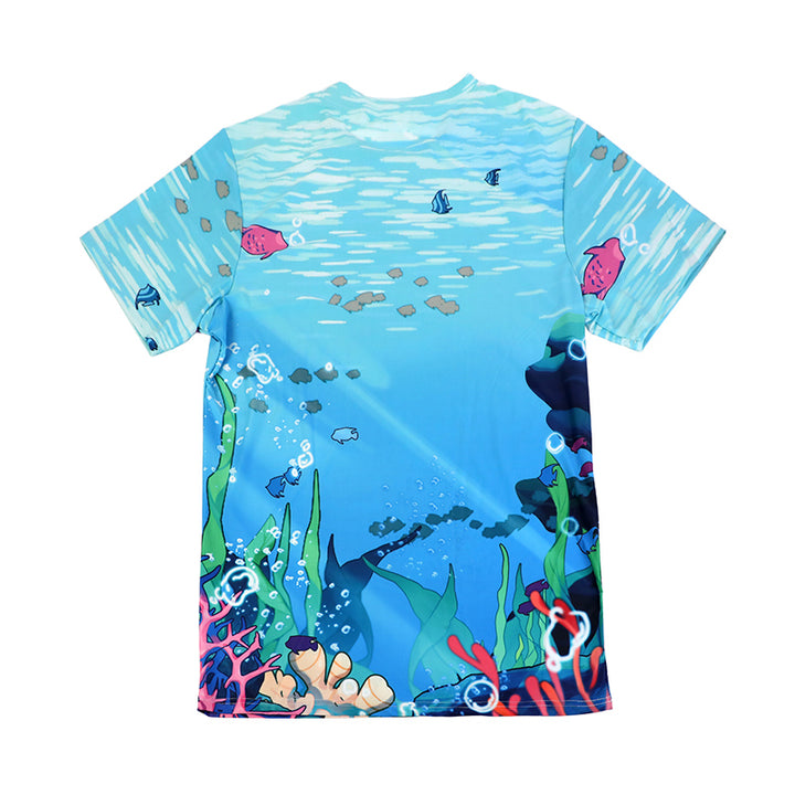 Custom quick dry T-shirt with colorful underwater ocean scene, fish, coral and sea plants print