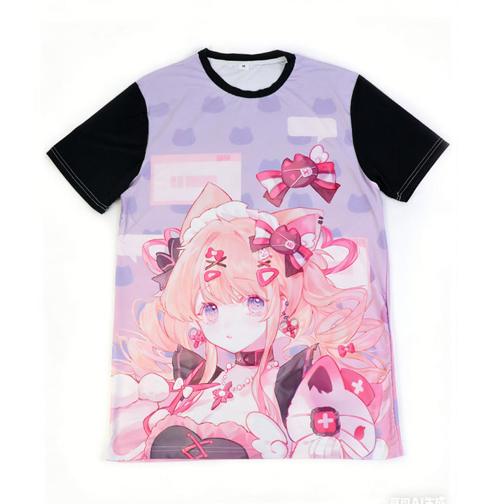 Anime girl print purple quick dry t-shirt with black sleeves and pastel kawaii design