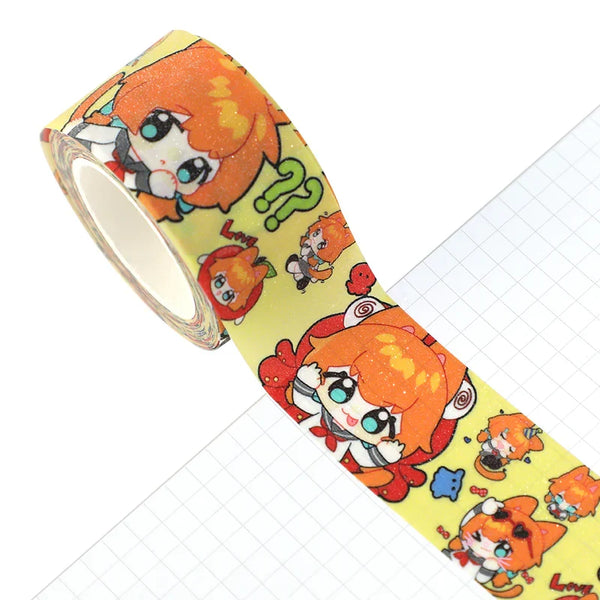 Custom glitter washi tape with cute orange anime character on yellow background