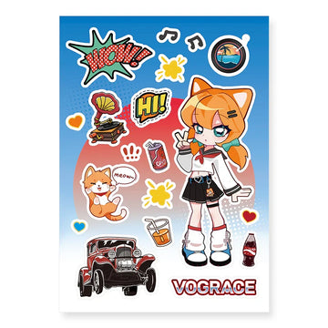 Custom anime girl, cat, and retro car kiss cut sticker sheet with colorful cartoon designs.