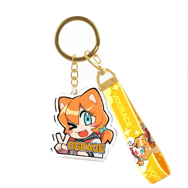 Custom acrylic anime keychain with cartoon fox character and yellow lanyard on white background