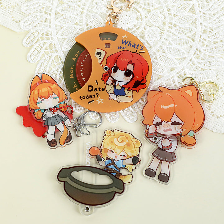 Custom multi-layer acrylic keychains with cute anime characters and a circular date charm