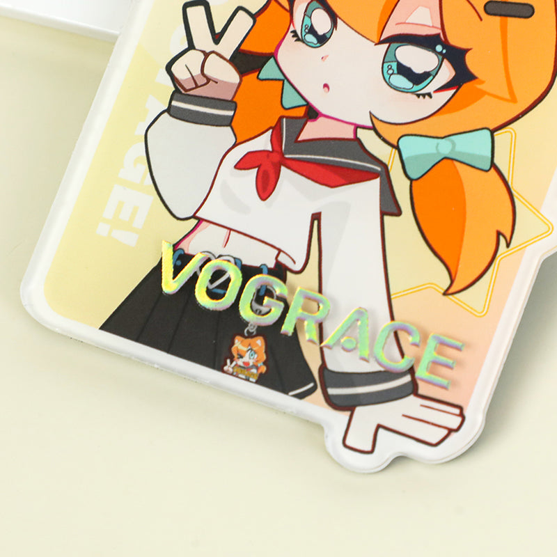 Custom acrylic fridge magnet with anime girl, holographic raised foil text and peace sign pose.