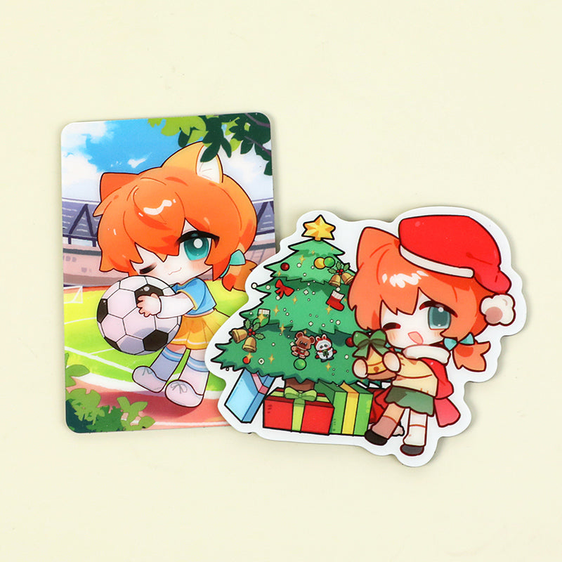 Custom acrylic fridge magnets featuring anime chibi characters, soccer and Christmas themes