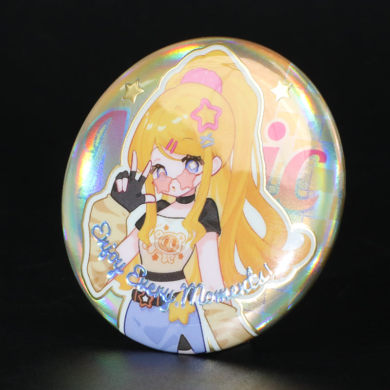 Custom Raised Foil Printing Hot stamping Glitter Holographic Button Pins