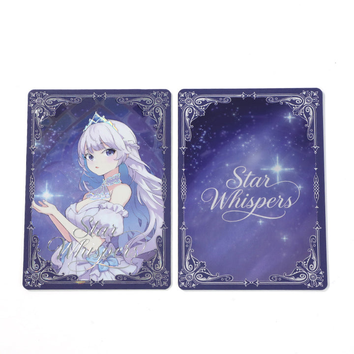 Custom anime-themed foil stamped duplexed cards featuring a starry night design and character art.