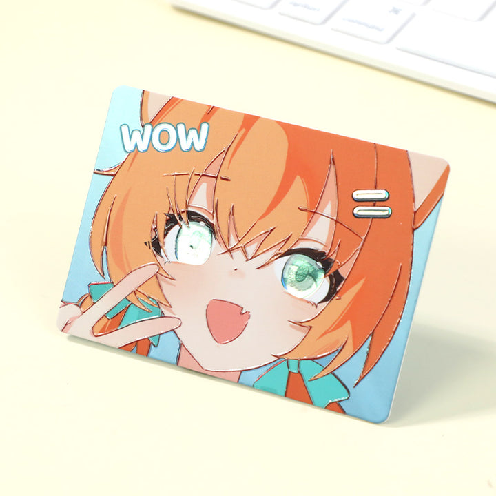 Custom anime duplexed card with orange-haired character, foil stamping, and vibrant colors