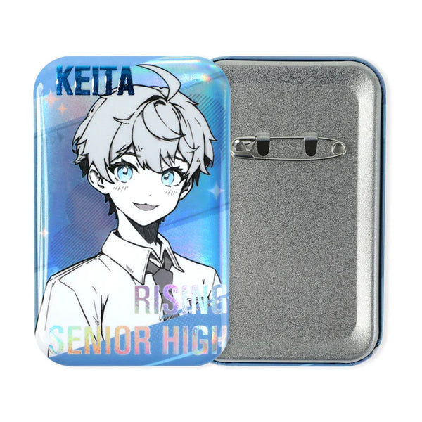 Custom holographic anime rectangle button pin with glitter finish and safety pin back