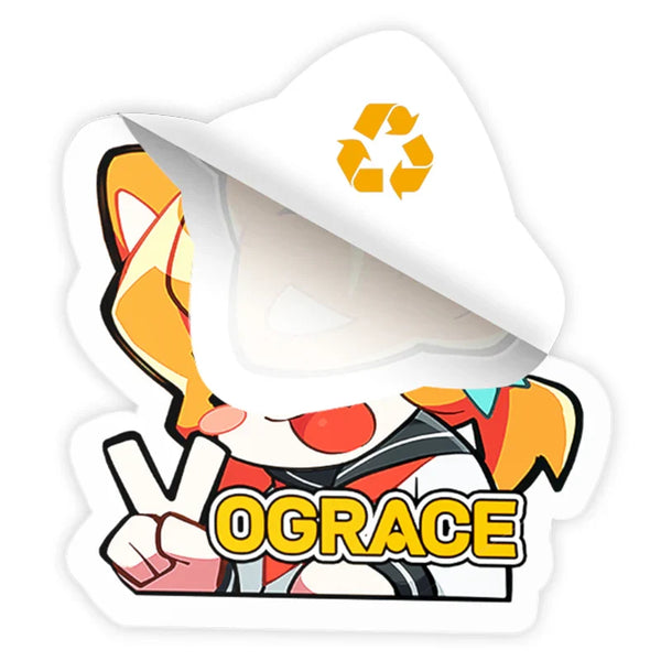 Custom removable vinyl sticker featuring anime character, peace sign, and yellow text 'OGRACE'.
