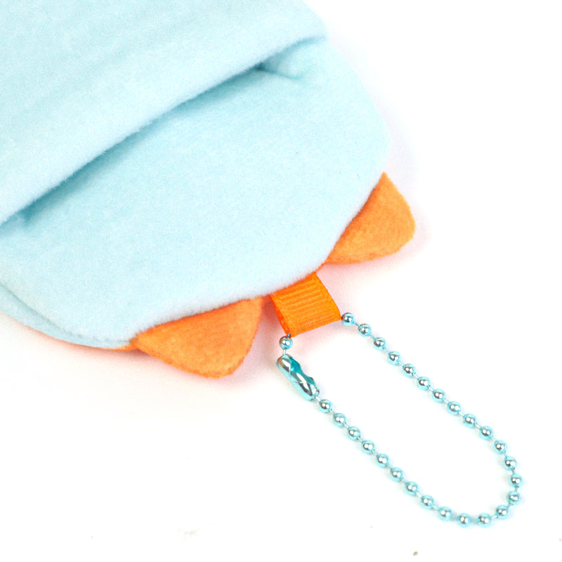 Light blue plush card holder with orange felt accents and blue beaded keychain