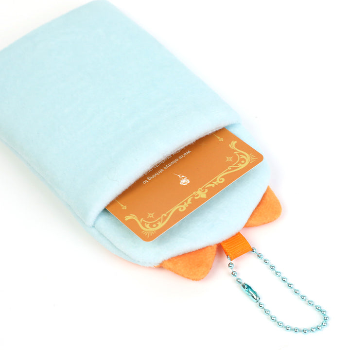 Custom plush card holder in light blue with orange accents and a ball chain attachment