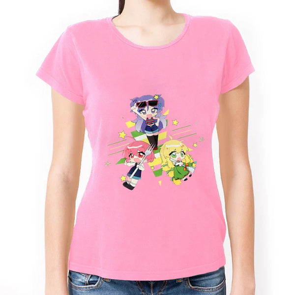 Pink cotton women's T-shirt with colorful anime character print and cartoon design