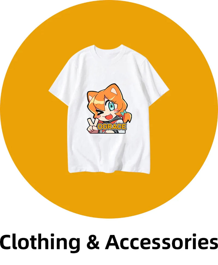 White t-shirt with cute anime fox character and VOGRACE text, clothing and accessories banner