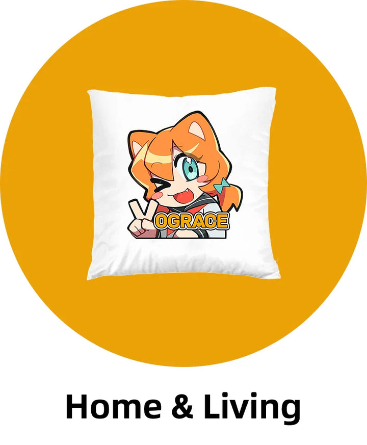 White throw pillow with cute orange-haired anime cat character and peace sign, text logo in center.