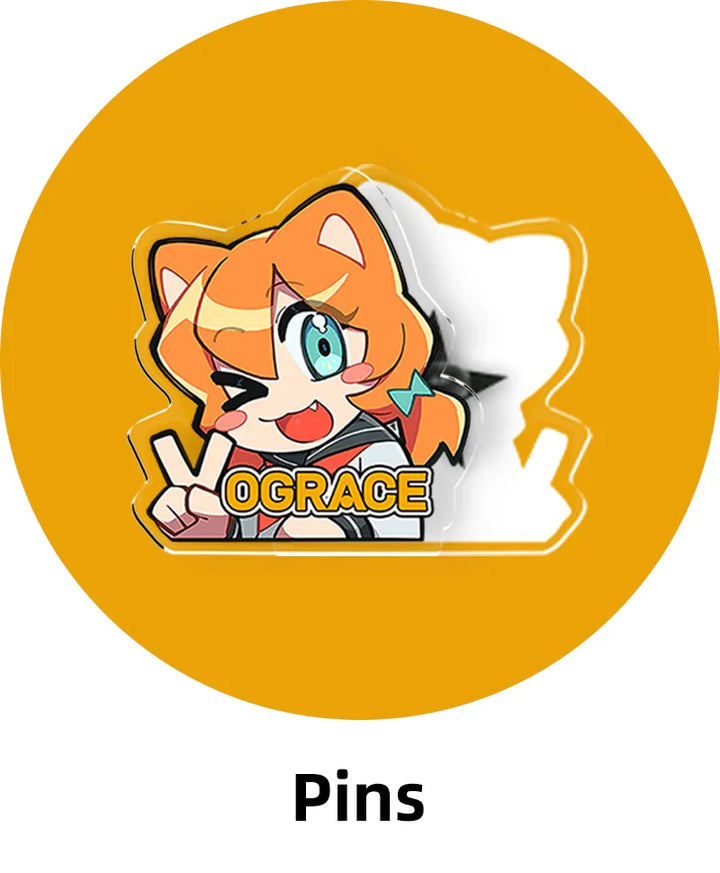 Custom acrylic pin featuring cute anime-style fox girl with peace sign on yellow background.