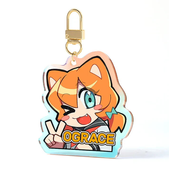 Custom acrylic keychain with anime girl character, rainbow edge, gold clasp, V sign pose