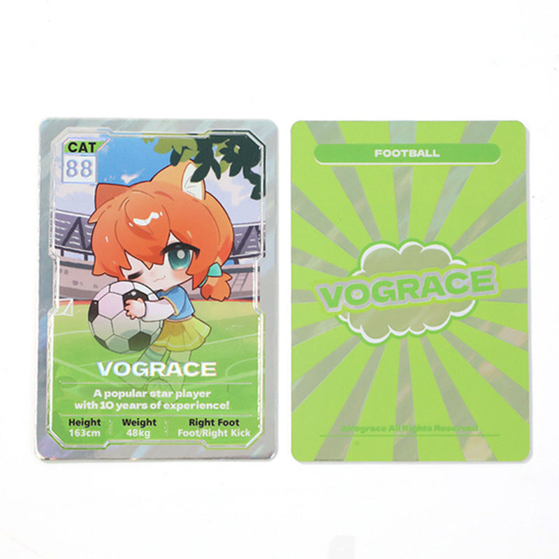 Custom foil anime character trading cards with soccer theme and green holographic design
