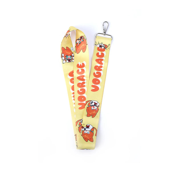 Custom yellow wide lanyard with orange cartoon fox pattern and metal clasp