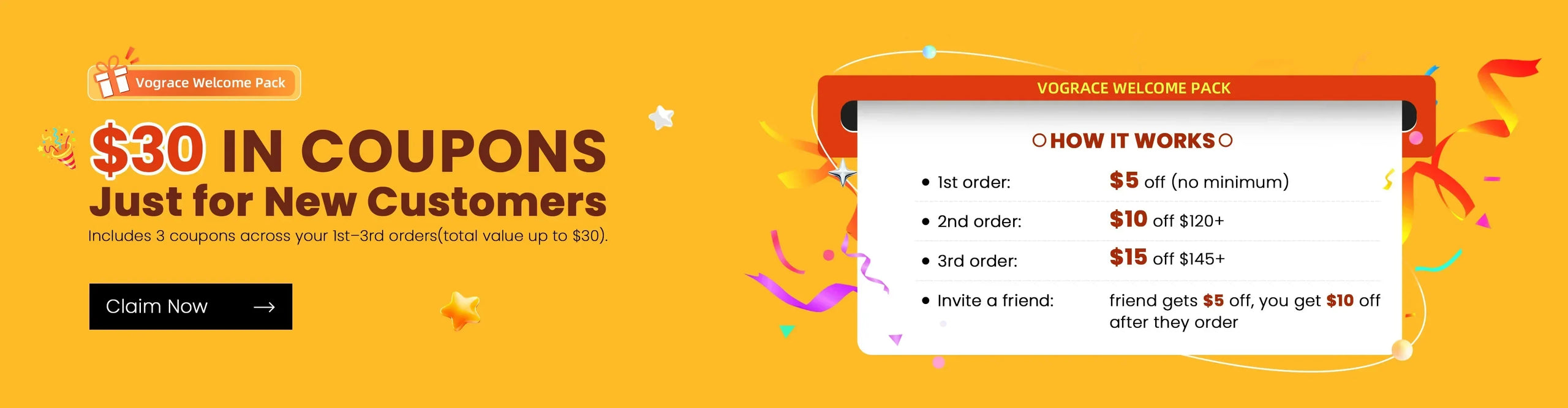 Bright welcome offer banner with $30 in coupons for new customers, details and claim button