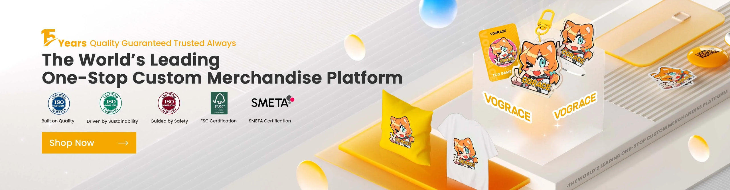 Custom anime merchandise display with keychain, card, shirt, pillow, stickers and VOGRACE logo