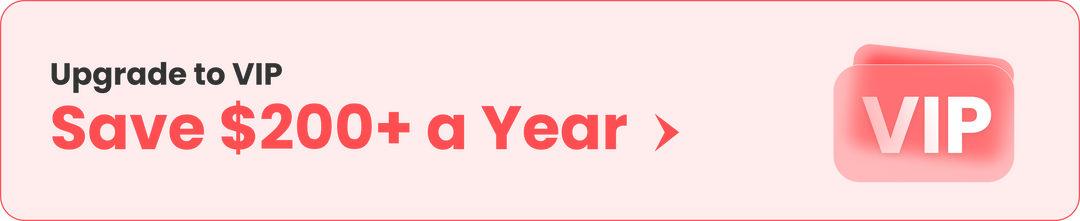 Upgrade to VIP banner, pink background, save $200+ a year, VIP membership promotion