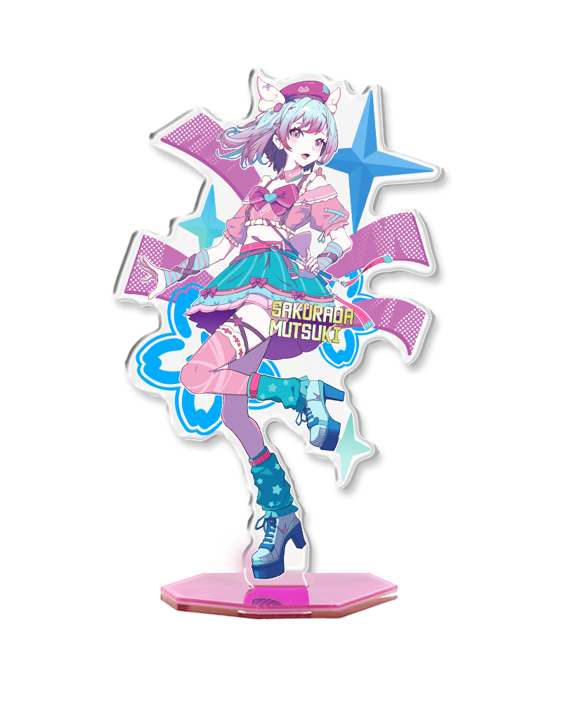 Colorful anime acrylic standee of girl in pastel outfit with blue hair and cat ears