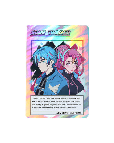 Holographic anime trading card with blue-haired and pink-haired characters, Star Tracer design.
