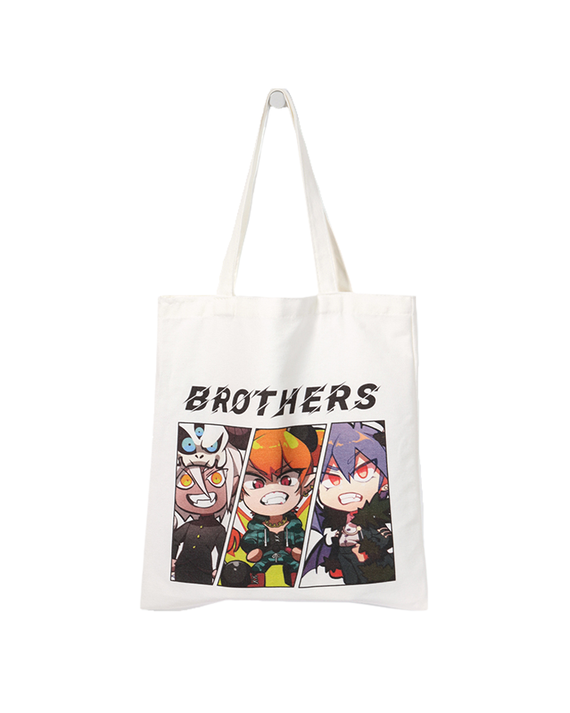 White tote bag with anime-style cartoon brothers print and bold BROTHERS text