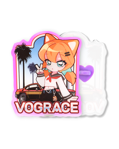 Anime cat girl acrylic standee with orange car, palm trees, and VOGRACE text