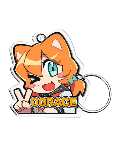 Anime-style acrylic keychain with orange-haired character winking and peace sign