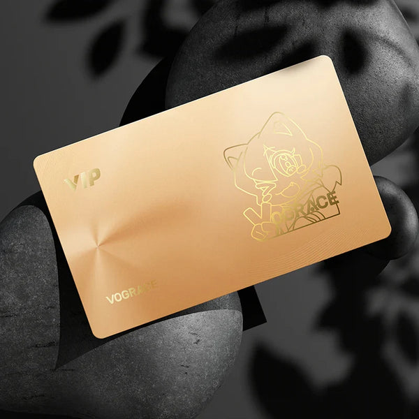 Gold VIP membership card with engraved anime character design, luxury texture, black stone background