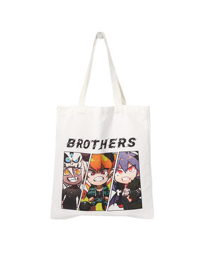 Vograce Product Collections Custom Clothing And Accessories Categories White tote bag with anime-style cartoon brothers print and bold BROTHERS text