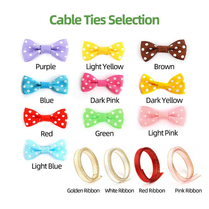 Colorful polka dot bow cable ties and ribbon options in various colors for crafts and organization
