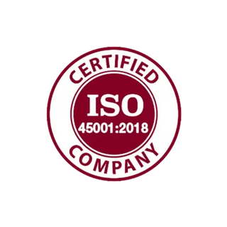 Vograce Global Certifications ISO 45001:2018 certified company seal in maroon and white