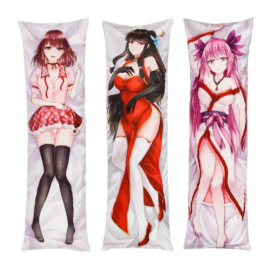 Custom anime body pillows featuring female characters in various outfits on white background