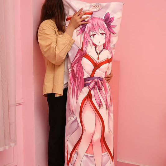 Person holding large custom anime body pillow with pink-haired character in a pink room