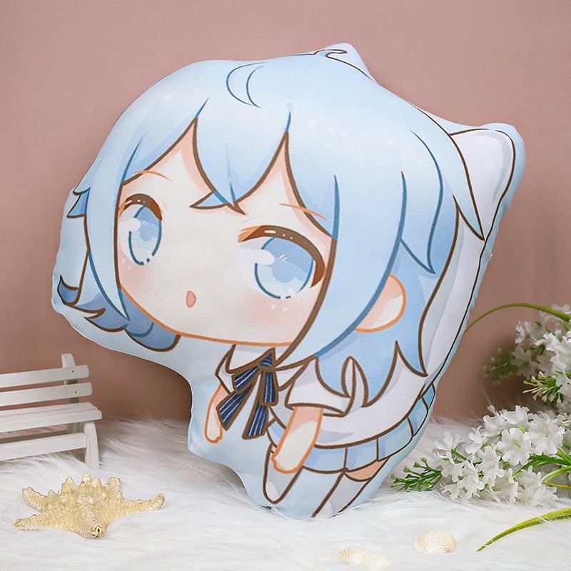 Custom anime character shaped throw pillow with blue hair, placed on a white furry surface.