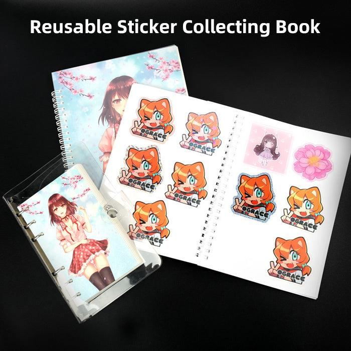 Spiral sticker collecting books with anime character covers and assorted reusable stickers inside.