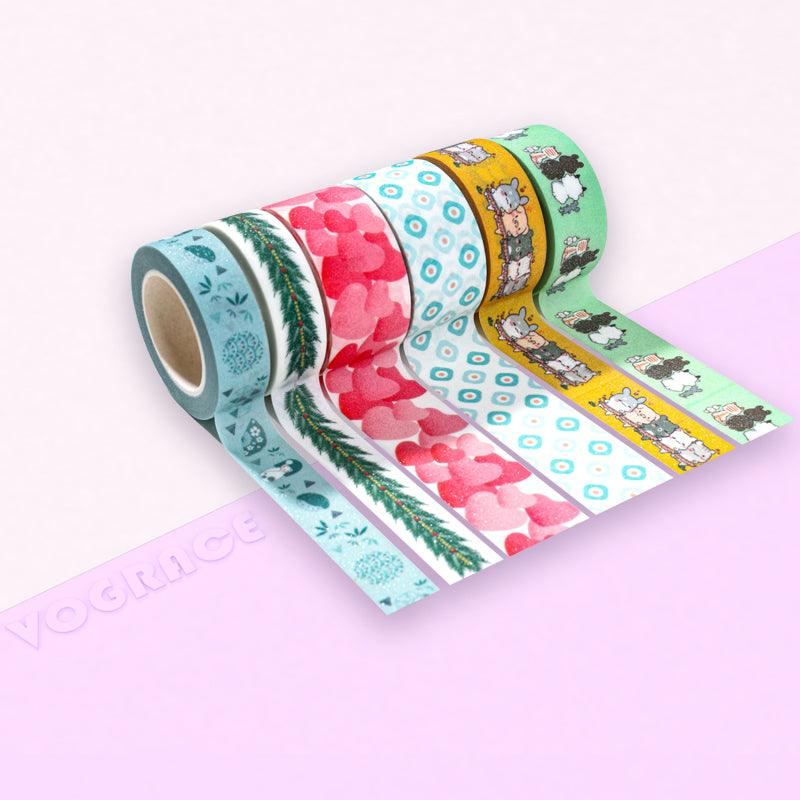 Colorful custom washi tape rolls with animal, heart, and geometric patterns on pastel background